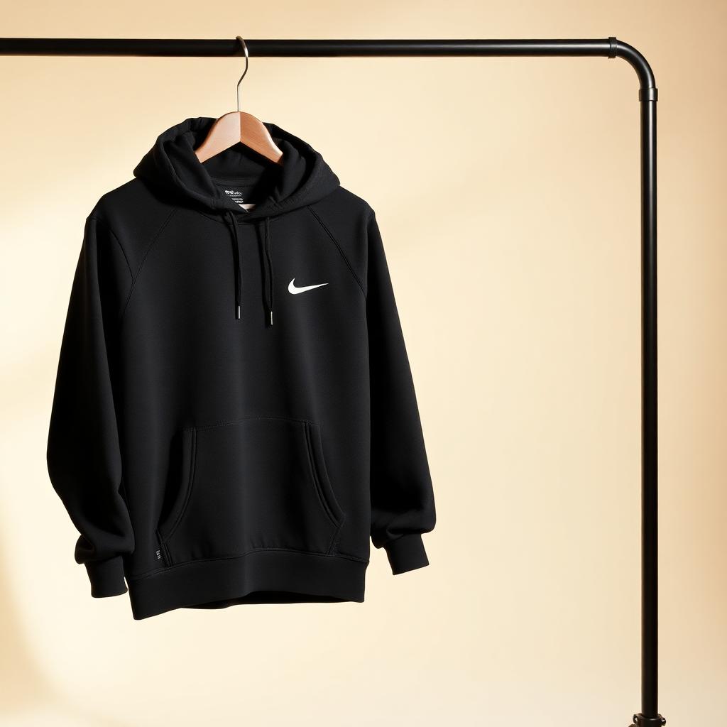 Black Nike Tech Fleece hoodie photographed on a hanger